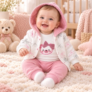 Compleu bebe fetite 3 piese din bumbac, body, hanorac cu fundite si pantaloni roz