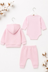 Compleu bebe fetite 3 piese roz cu hanorac body iepuras si pantaloni din bumbac, fotografie de produs pe fundal alb