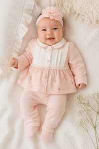 Compleu elegant bebe fetita roz pudrat cu bentita si dantela 3 piese