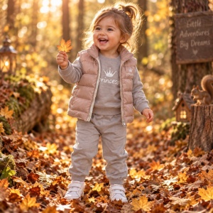 Compleu fetita 3 piese bumbac cu vesta matlasata bluza princess si pantaloni gri