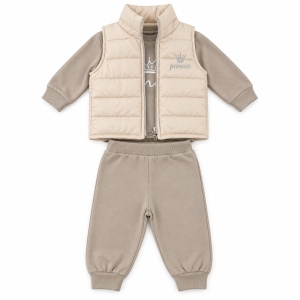 Compleu fetita 3 piese bumbac cu vesta matlasata bluza princess si pantaloni bej, fotografie de produs pe fundal alb