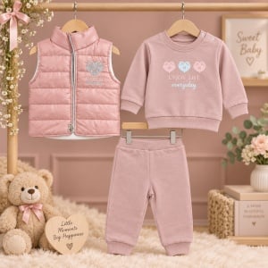 Compleu fetita 3 piese bumbac roz pudrat cu vesta matlasata Enjoy Life, prezentare in decor