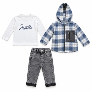 Costum baiat 3 piese bumbac 100% cu hanorac tip camasa in carouri, bluza si blugi gri, fotografie de produs pe fundal alb