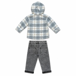 Costum baiat 3 piese bumbac 100% cu hanorac tip camasa in carouri, bluza si blugi, fotografie de produs pe fundal alb
