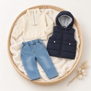 Costum baiat 3 piese cu vesta matlasata bleumarin, bluza din bumbac si blugi, prezentare in decor