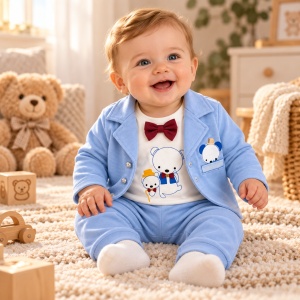 Costum bebe baiat 3 piese din bumbac, sacou, bluza cu maneca lunga si pantaloni, bleu