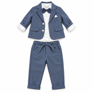 Costum bebe baiat albastru denim 3 piese cu sacou camasa si pantaloni elegant, fotografie de produs pe fundal alb