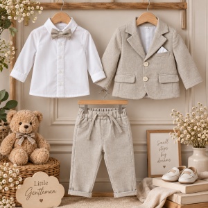Costum bebe baiat bej nisipiu 3 piese sacou pantaloni camasa alba cu papion, prezentare in decor