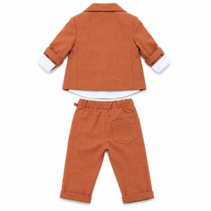 Costum bebe baiat caramiziu 3 piese cu sacou camasa si pantaloni pentru ceremonie, fotografie de produs pe fundal alb