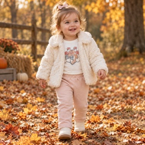 Costum bebe fetita 3 piese din bumbac cu blanita pufoasa ivory si pantaloni roz