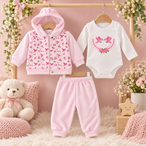 Costum bebe fetita 3 piese, hanorac catifelat, body si pantaloni, roz alb - Img 2