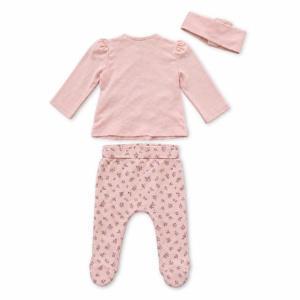 Costum bebe fetita 3 piese roz cu floricele, bluza, pantaloni cu botosei si bentita, fotografie de produs pe fundal alb