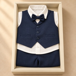Costum elegant baieti 4 piese din bumbac, camasa alba, vesta si pantaloni bleumarin, papion - Img 5