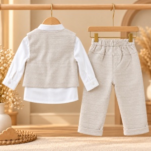 Costum elegant baieti 4 piese din bumbac, camasa alba, vesta si pantaloni bej, papion - Img 4