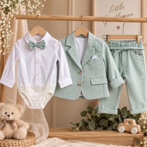Costum elegant bebe baiat 3 piese verde menta sacou pantaloni body cu papion, prezentare in decor