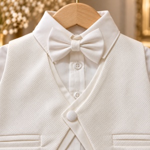 Costum elegant bebe baiat 4 piese din bumbac alb cu vesta si papion - Img 5