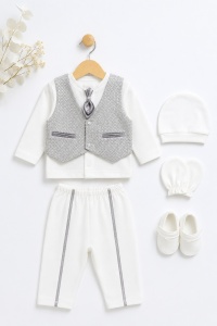 Costum elegant bebe baiat alb cu vesta gri 6 piese pentru botez