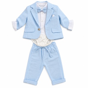 Costum elegant bebe baieti 3 piese bleu cu sacou, pantaloni si body cu papion, fotografie de produs pe fundal alb