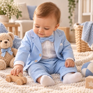 Costum elegant bebe baieti 3 piese bleu cu sacou, pantaloni si body cu papion