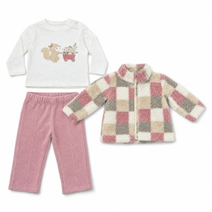 Compleu fetita cu jacheta in carouri, bluza crem si pantaloni roz pudrat, fotografie de produs pe fundal alb