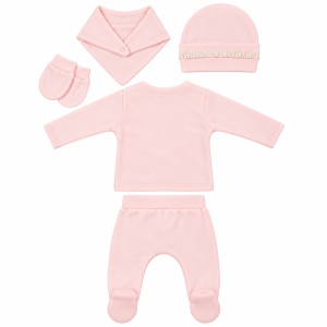 Costum nou nascut fetita 5 piese bumbac 100%, roz cu fundita si dantela - Img 4