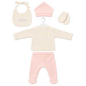 Costum nou nascut fetita 5 piese din bumbac, crem roz cu ursulet si bavetica - Img 3