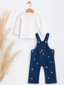 Costumas bebe fetita 2 piese salopeta denim cu floricele si bluza bumbac - Img 2