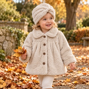 Paltonas bebe pufos cu caciulita tip turban, crem, inchidere cu nasturi, sezon rece