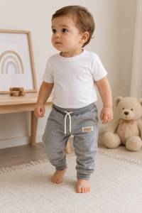 Pantaloni sport premium pentru copii din bumbac gri cu buzunare si snur reglabil - Img 2