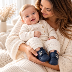 Pantofi bebe bleumarin din piele ecologica cu arici si ursulet brodat - Img 2