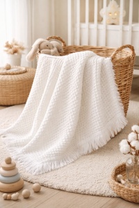 Paturica bebe alba premium cu franjuri patura patut carucior