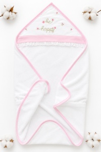 Prosop bebe cu gluga 80x90 cm, bumbac, alb si roz, broderie Be Happy