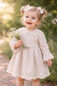Rochie bebe fetita bej din in cu dantela si guler elegant