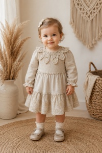 Rochie fetita crem eleganta cu guler dantelat, maneca lunga, stil boho vintage - Img 2