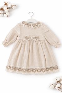 Rochie fetite muselina bej eleganta cu dantela rochie copii ocazie botez - Img 2