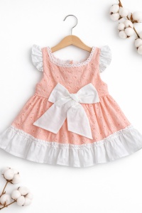 Rochita bebe fetita din bumbac roz cu fundita alba si broderie florala eleganta - Img 2