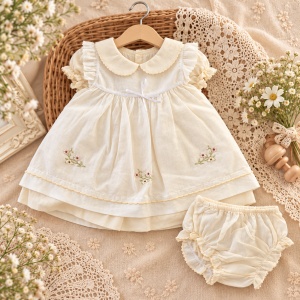 Rochita eleganta fetita din bumbac cu chilot asortat, broderie florala, ivory - Img 2
