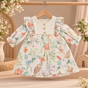 Rochita fetita din in cu imprimeu floral multicolor, volane si maneca lunga - Img 2