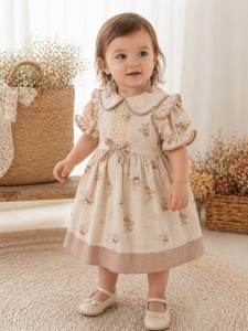 Rochita fetite crem din bumbac cu imprimeu floral si guler elegant