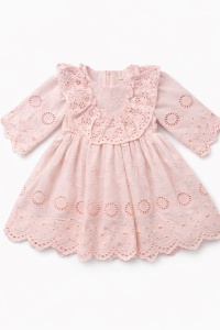 Rochita premium bebe fetita din bumbac cu broderie anglaise si boneta roz, set 4 piese - Img 5