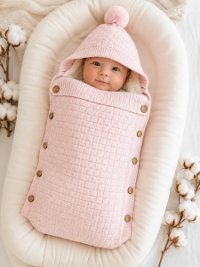 Sac de dormit bebe roz crosetat imblanit cu gluga si ciucure pentru carucior si scoica