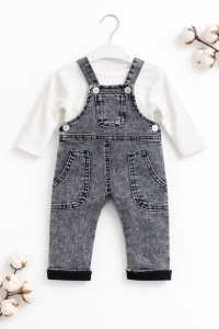 Salopeta bebe denim gri cu bluzita bumbac set 2 piese copii casual modern - Img 2