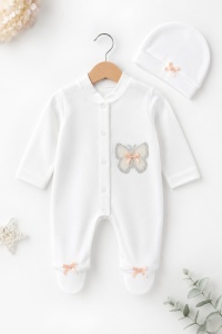 Salopeta bebe fetita alba cu caciulita si aplicatie fluture eleganta din bumbac - Img 2