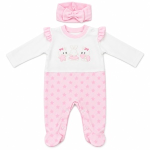 Salopeta bebe fetita din bumbac cu botosei integrati si bentita, roz cu alb, stelute - Img 4