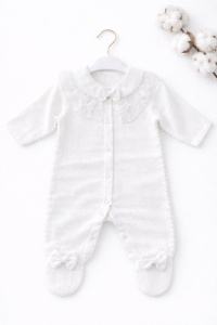Salopeta bebe fetita muselina alba eleganta guler dantela botez bentita inclusa - Img 2