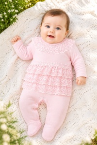 Salopeta bebe fetita roz cu volane din dantela, 100% bumbac, eleganta
