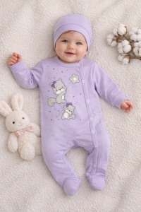 Salopeta bebe fetite mov lila cu caciulita 2 piese bumbac