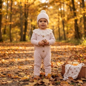 Salopeta bebe roz pudrat din lana naturala cu guler dantelat si caciulita cu ciucure