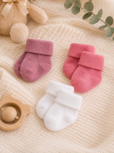 Set 3 perechi sosete bebe roz, roz prafuit si alb cu manseta moale pentru nou nascut