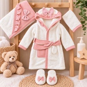 Set baie bebe 4 piese din bumbac, halat cu gluga, prosop, manusa si papuci, fundite, alb-roz - Img 2